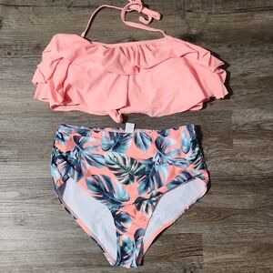Pink Ruffle Bikini Set with Leaf Print